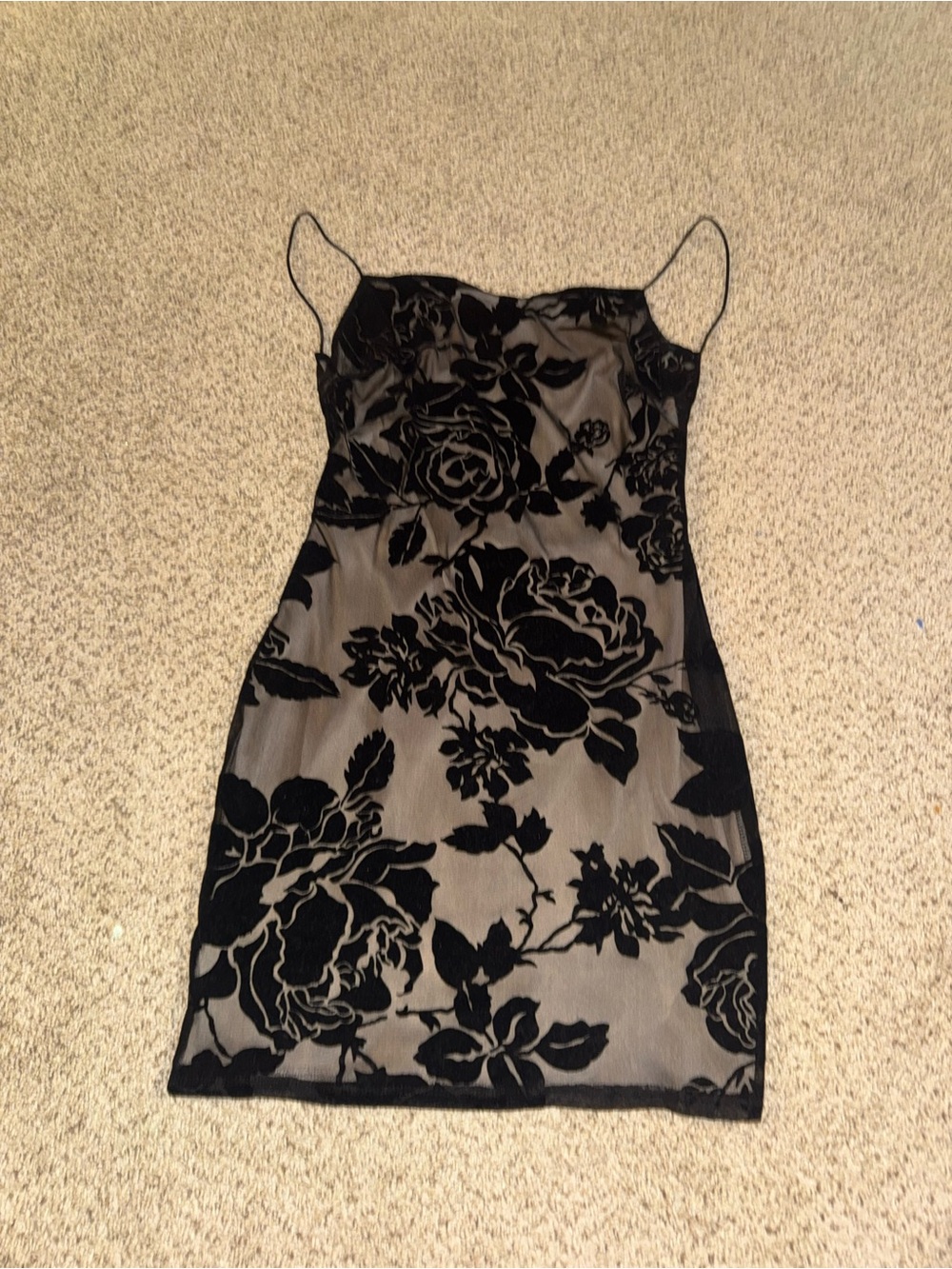 Windsor Black Floral Velvet-Print Mesh Camisole Dress